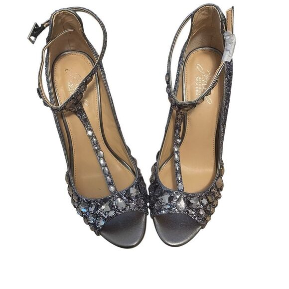 Jewel Badgley Mischka Conroy Metallic Glitter T Strap Heels Silver Size 8.5 - Picture 5 of 6
